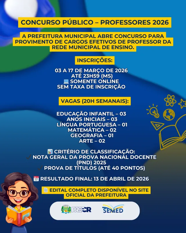 Imagem de compartilhamento para o artigo Prefeitura de Costa Rica abre concurso para professores com base na Prova Nacional Docente 2025 da MS Todo dia